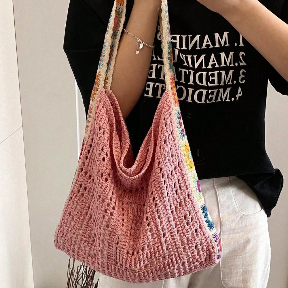 Pink Vacation Women's Hollow Knitted Contrast Color Flower Crossbody Bag - Picture 3 of 7